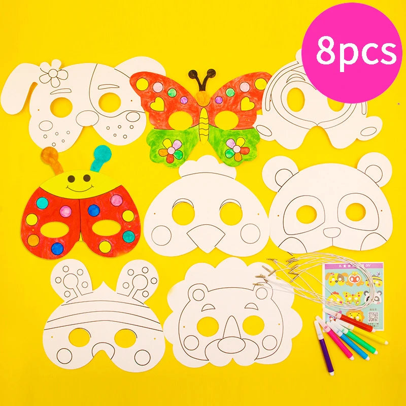 8Pcs Cartoon Animal Painting Masks Diy Color Kindergarten Graffiti Coloring Crafts Toys Children Creative Hand-Painted Fun Toys