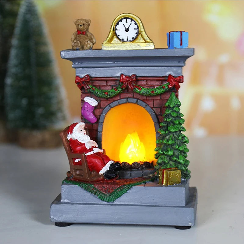 Christmas Glowing Ornaments Santa Claus Snowman Fireplace Resin LED Night Light Christmas Decoration Holiday Kids Toys Gift