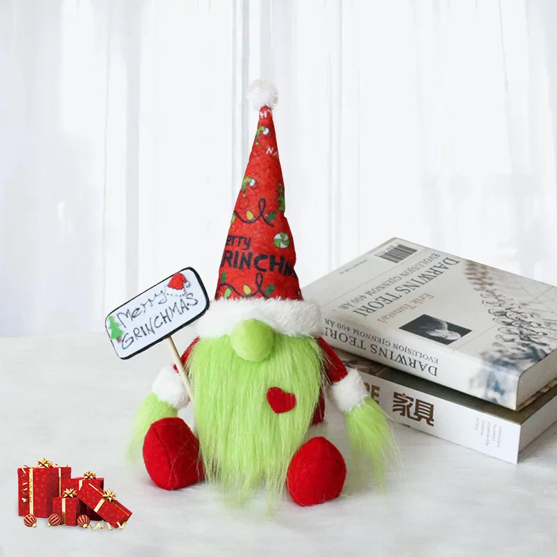 Long Bearded Grinch Green Haired Monster Doll Dwarf Festival Party Sitting Posture Green Haired Faceless Doll Scene Decoration