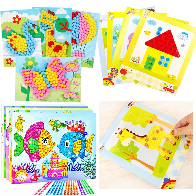 Button/Pompom/Diamond Stickers Children DIY Toys Puzzle Early Education Kids Handmade Creative Painting Birthday Gifts TMZ