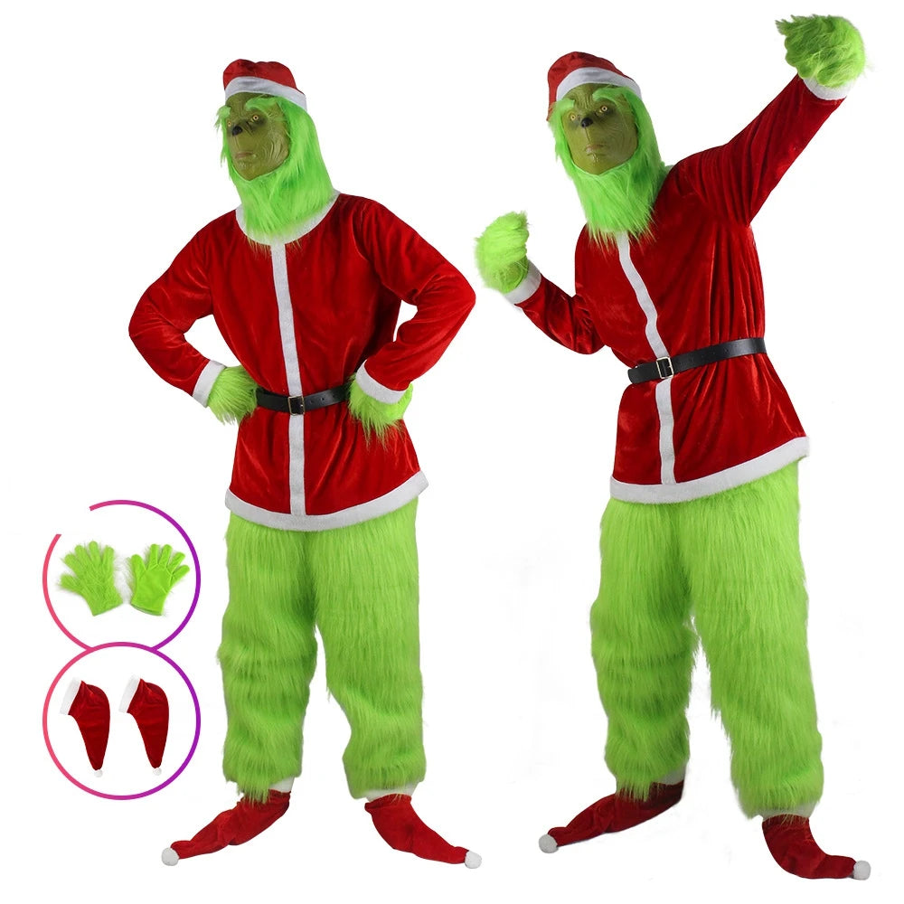 Merry Christmas Grinch Cosplay Costumes Green Thief Plush Mask Pants Gloves Red Santa Claus Hat Tops Socks Holiday Set Xmas Gift