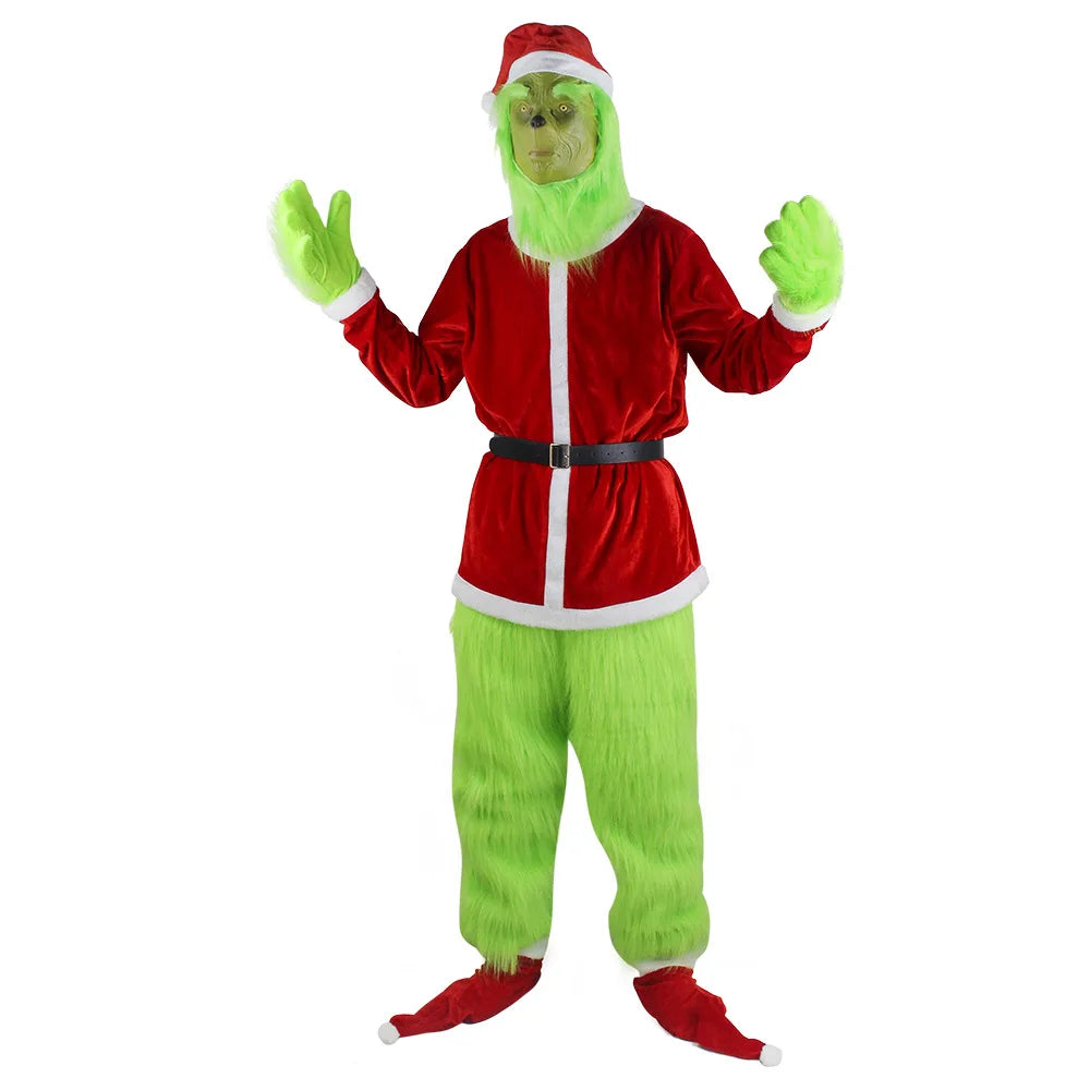 Merry Christmas Grinch Cosplay Costumes Green Thief Plush Mask Pants Gloves Red Santa Claus Hat Tops Socks Holiday Set Xmas Gift