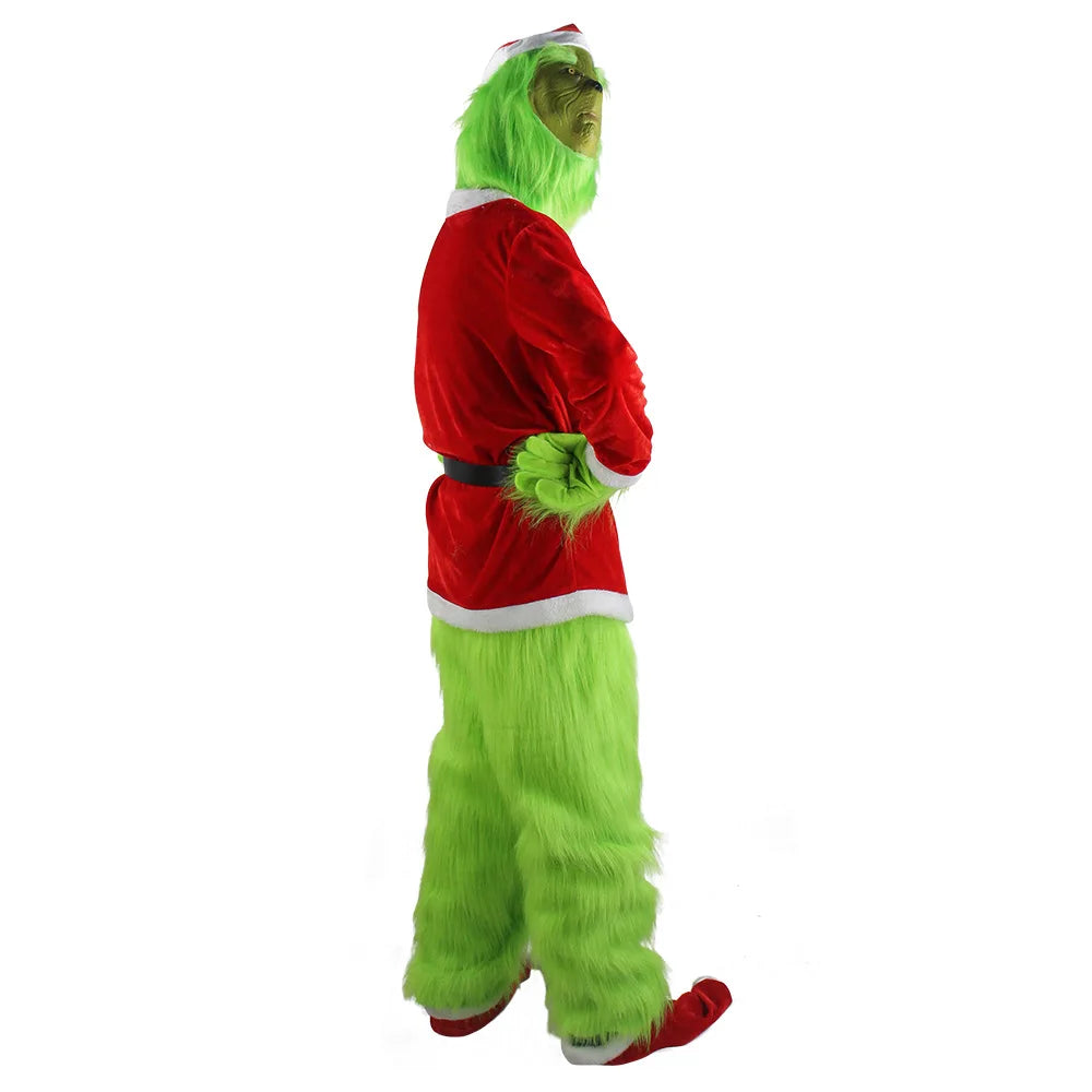 Merry Christmas Grinch Cosplay Costumes Green Thief Plush Mask Pants Gloves Red Santa Claus Hat Tops Socks Holiday Set Xmas Gift
