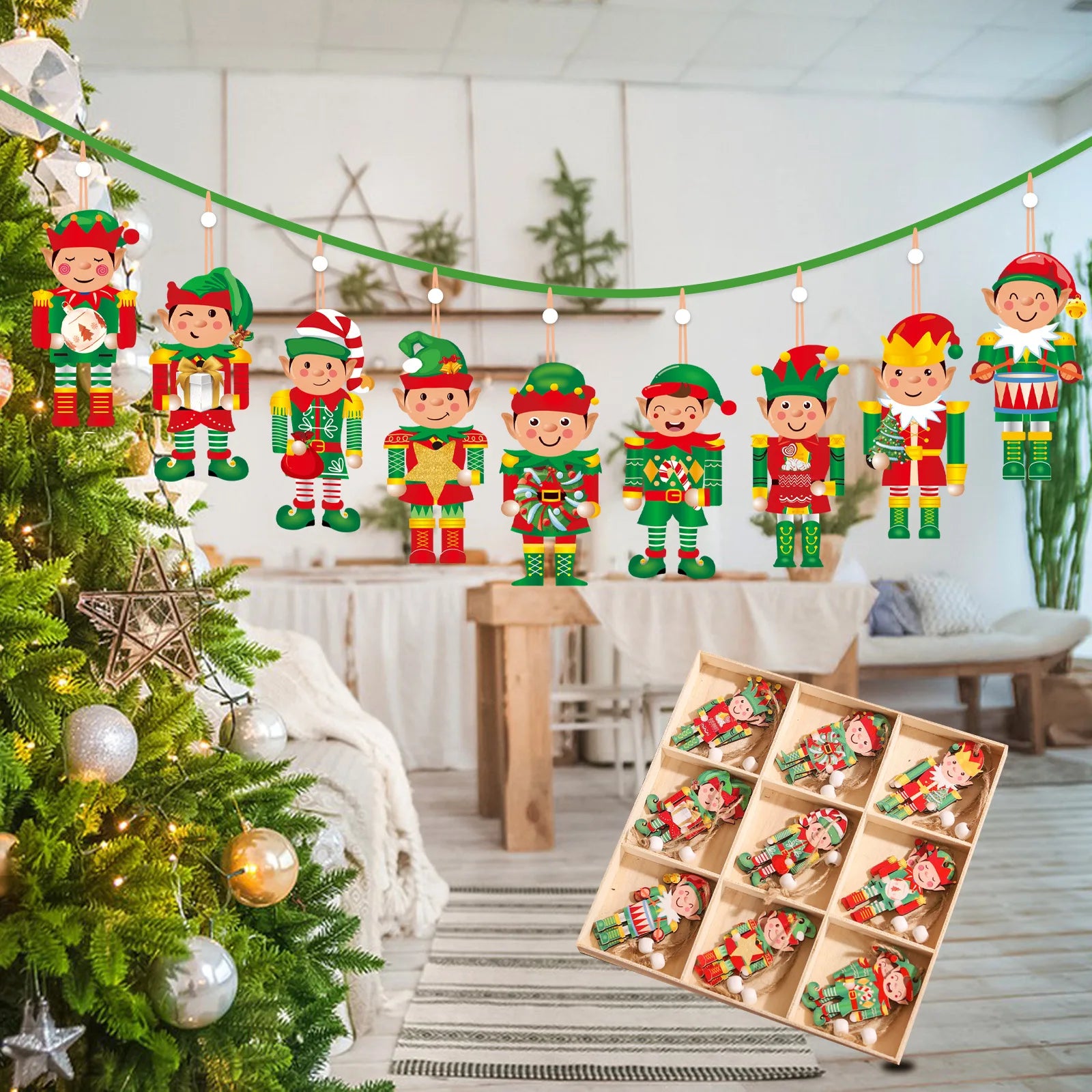 Christmas Nine-square Grid 18pcs Wooden Pendant Grinch Gingerbread Man Doll Decoration