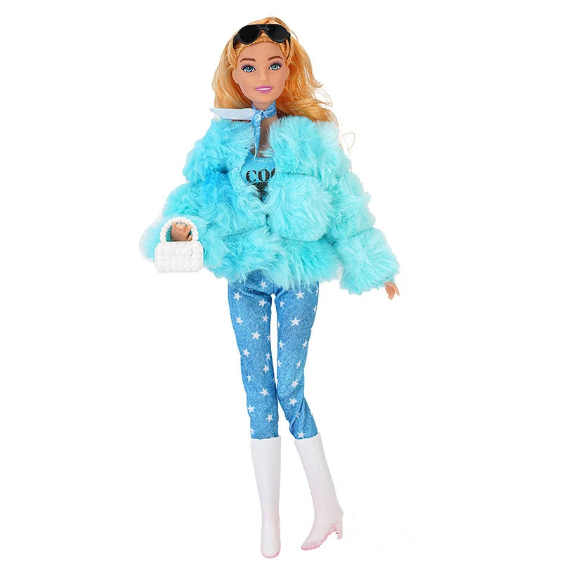 Doll with Beautiful Winter Fashion Plush Fur Coat and Clothes Suit