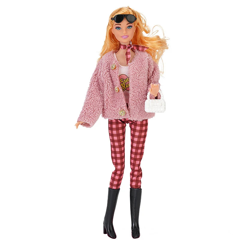 Doll with Beautiful Winter Fashion Plush Fur Coat and Clothes Suit