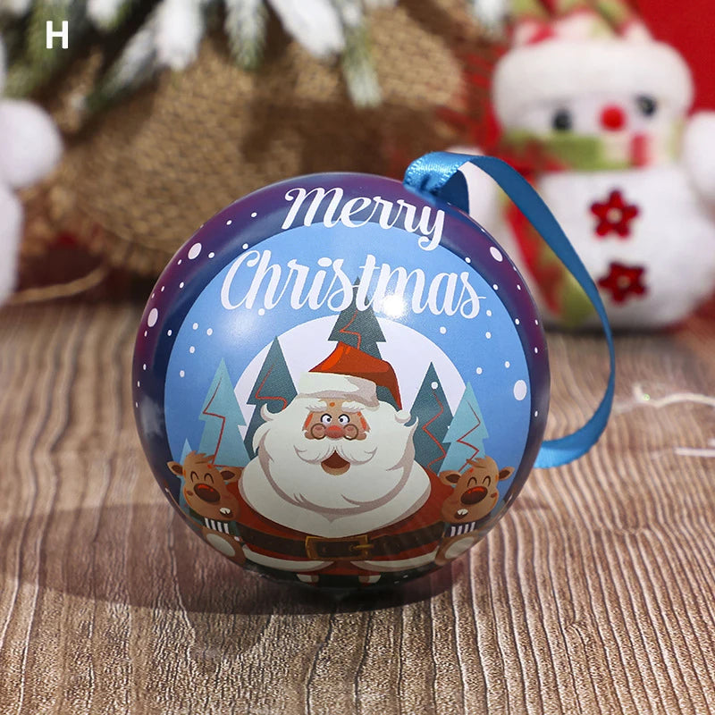 Christmas Round Ball Box Tinplate Candy Box Christmas Tree Decorations Candy Jar Xmas Tree Hanging Ball Candy Cans Kids Gift