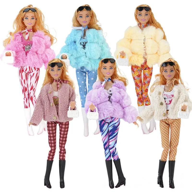 Doll with Beautiful Winter Fashion Plush Fur Coat and Clothes Suit