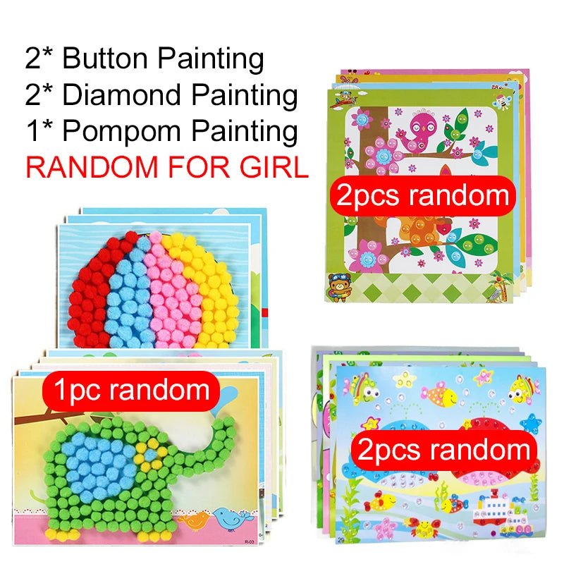 Button/Pompom/Diamond Stickers Children DIY Toys Puzzle Early Education Kids Handmade Creative Painting Birthday Gifts TMZ