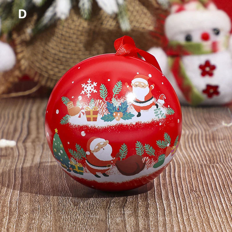 Christmas Round Ball Box Tinplate Candy Box Christmas Tree Decorations Candy Jar Xmas Tree Hanging Ball Candy Cans Kids Gift