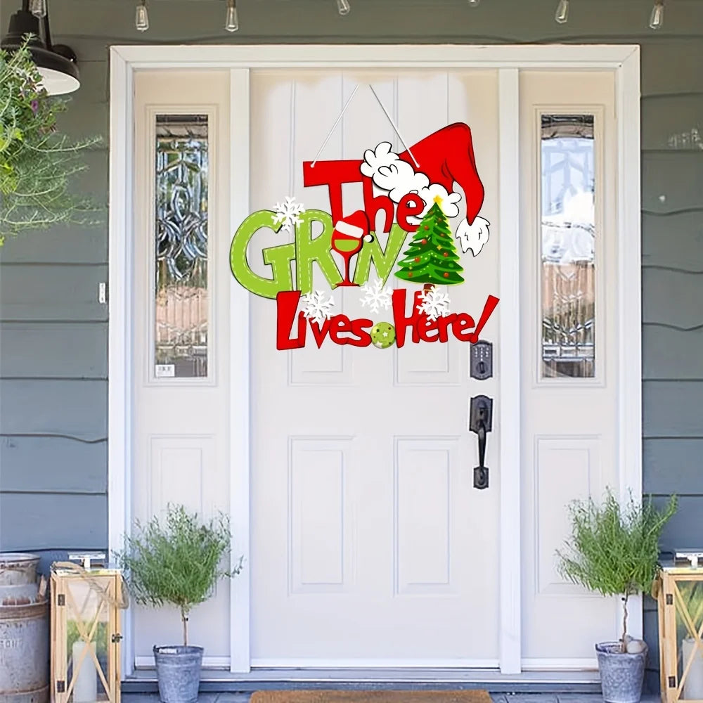 Christmas "The Grinch Lives Here" Decor Sign, 30cm×25.3cm Festive Wall Art with Santa Hat & Tree, Funny Holiday Home Decoration