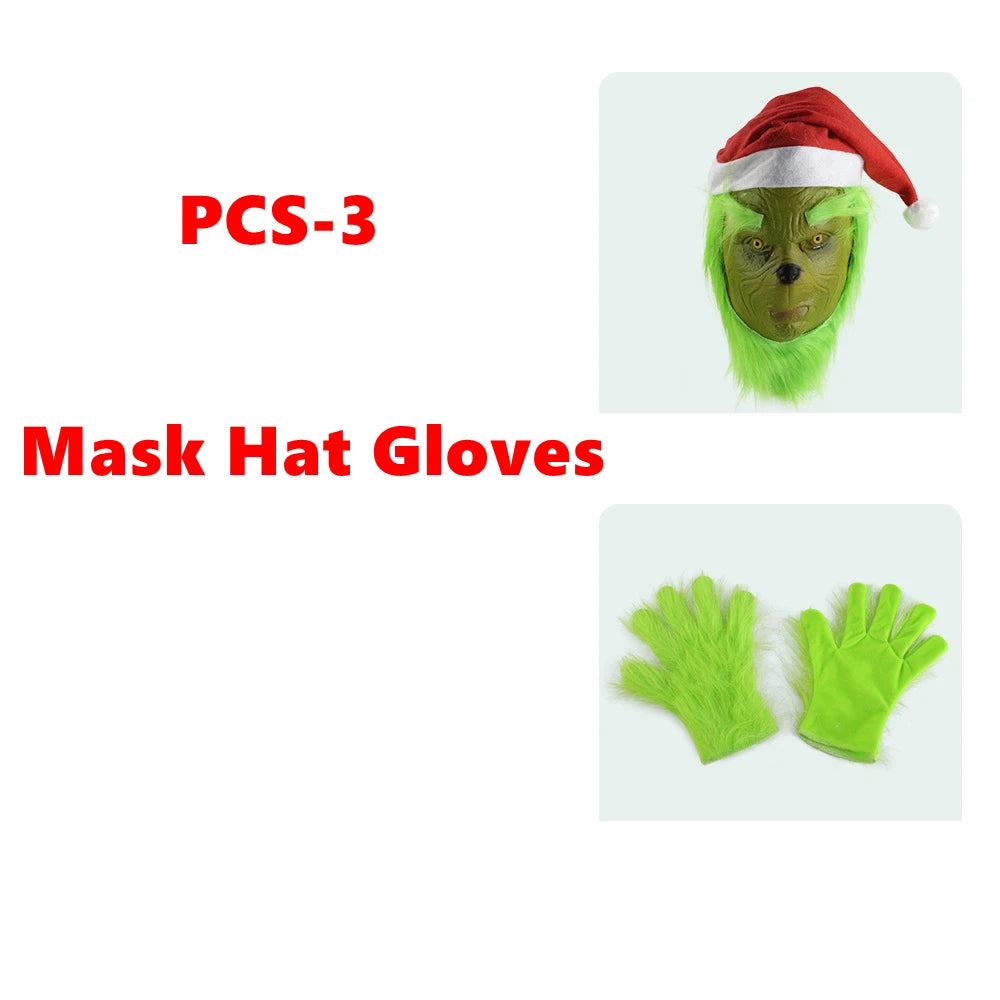 Merry Christmas Grinch Cosplay Costumes Green Thief Plush Mask Pants Gloves Red Santa Claus Hat Tops Socks Holiday Set Xmas Gift