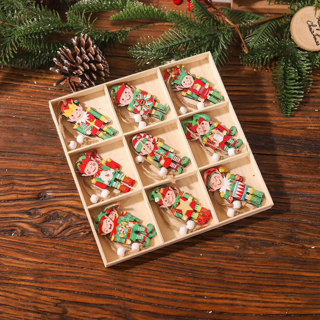 Christmas Nine-square Grid 18pcs Wooden Pendant Grinch Gingerbread Man Doll Decoration