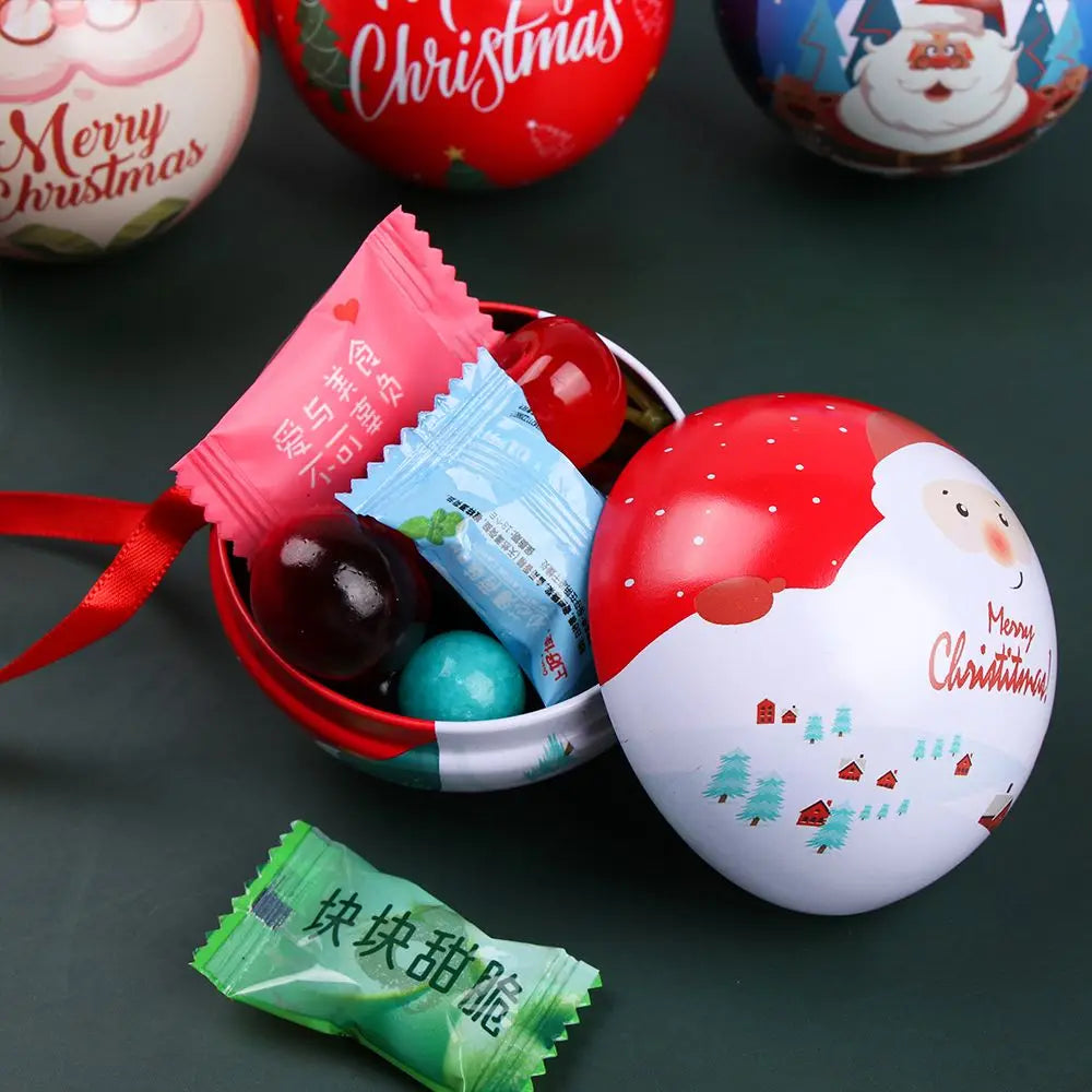 Christmas Round Ball Box Tinplate Candy Box Christmas Tree Decorations Candy Jar Xmas Tree Hanging Ball Candy Cans Kids Gift