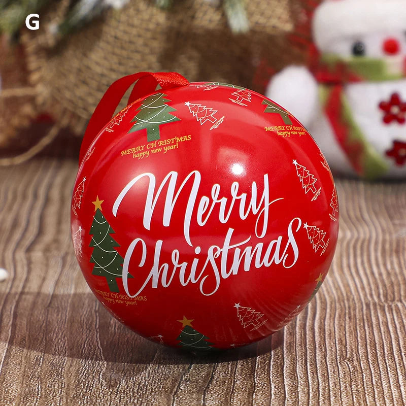 Christmas Round Ball Box Tinplate Candy Box Christmas Tree Decorations Candy Jar Xmas Tree Hanging Ball Candy Cans Kids Gift