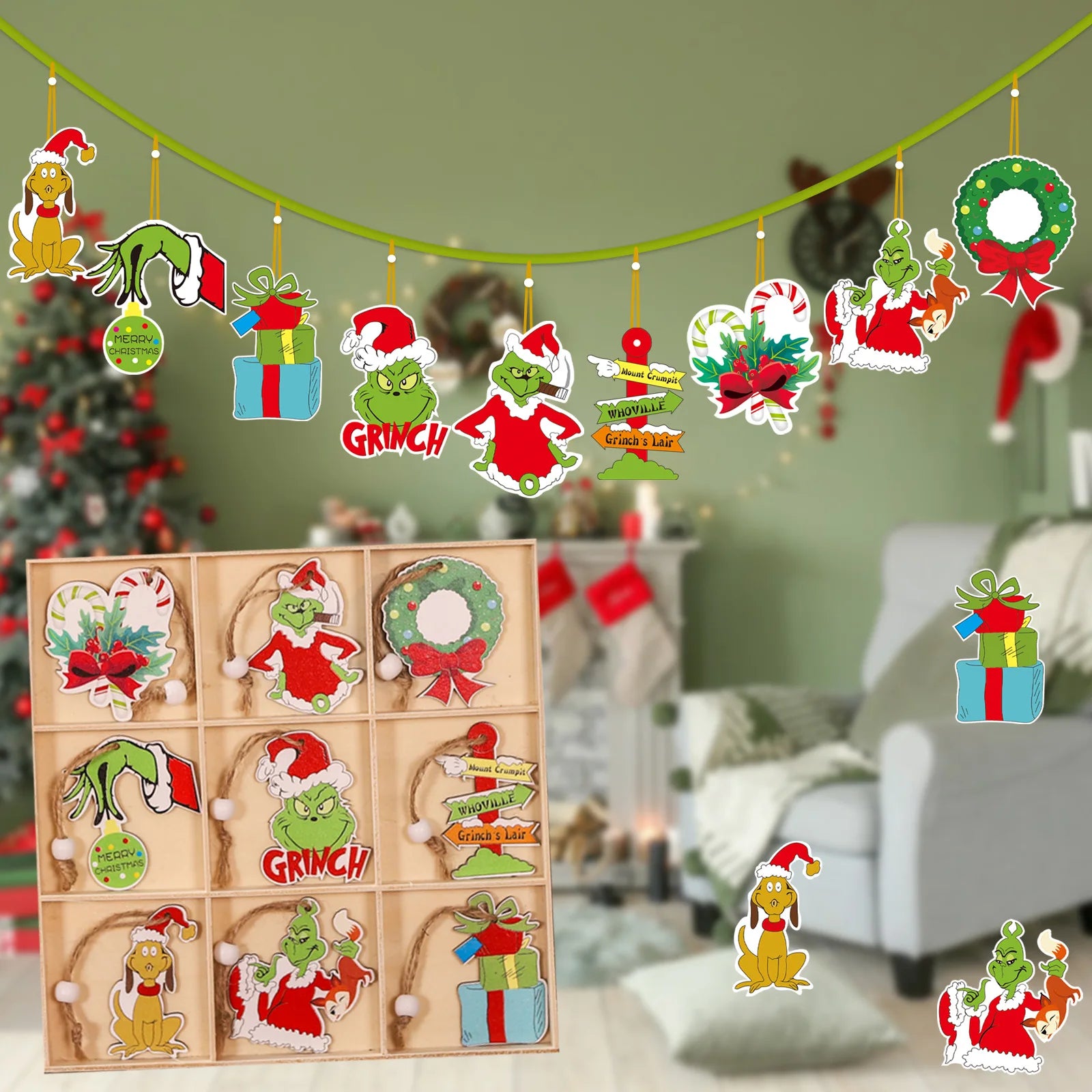 Christmas Nine-square Grid 18pcs Wooden Pendant Grinch Gingerbread Man Doll Decoration
