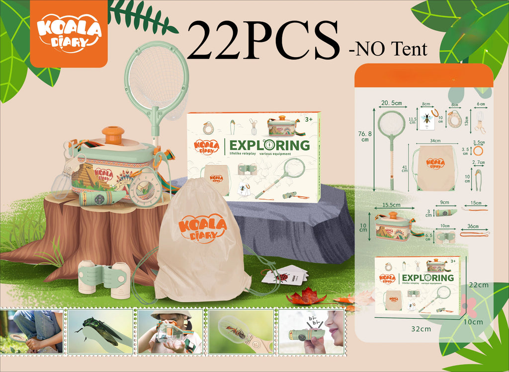 Kids Camping Set Toy Outdoor Explorer Kit Pretend Play OPTIONAL Tent Campfire Binocular Watch Bag Birthday Gift for Boys Girls