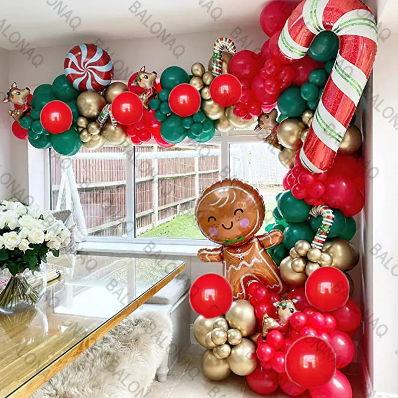 Christmas Balloon Garland Arch Kit Balloons Gingerbread Man Red Green Candy Cane Foil Balloons for Xmas New Year Decorations