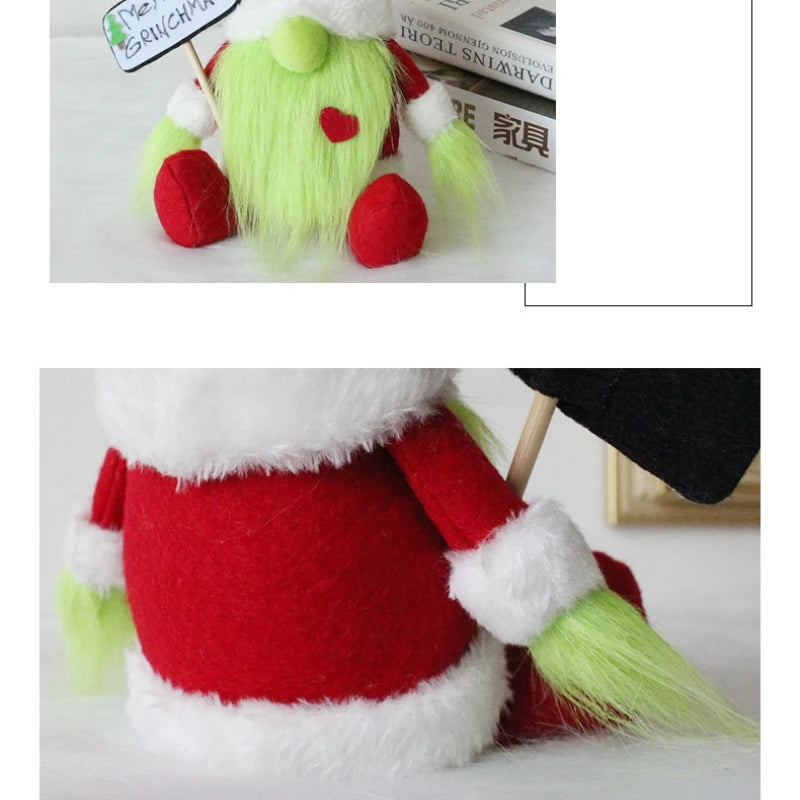 Long Bearded Grinch Green Haired Monster Doll Dwarf Festival Party Sitting Posture Green Haired Faceless Doll Scene Decoration