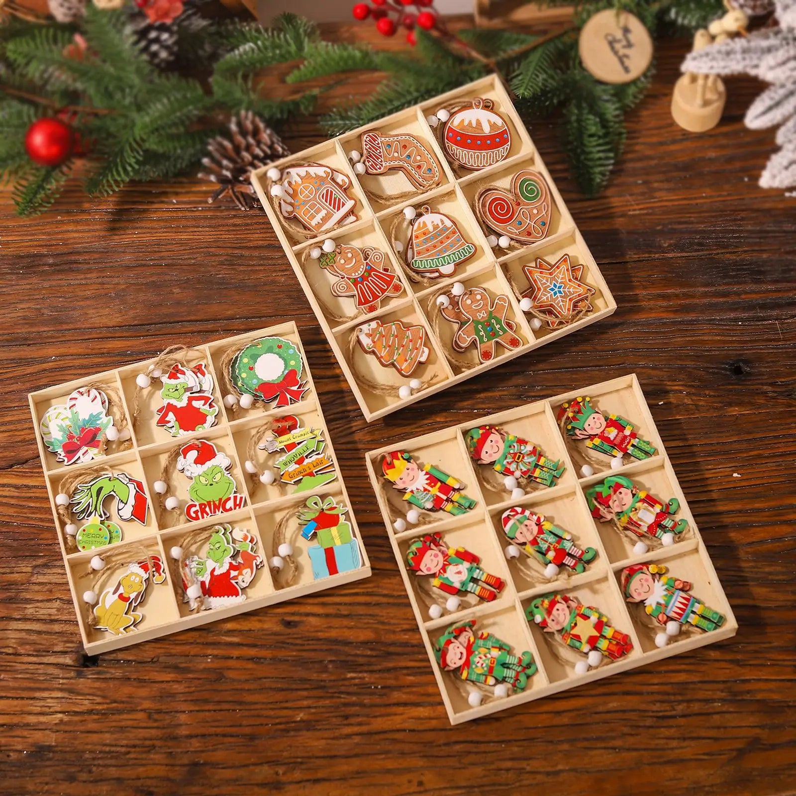 Christmas Nine-square Grid 18pcs Wooden Pendant Grinch Gingerbread Man Doll Decoration