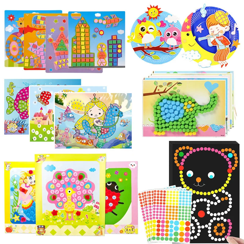 Children Stickers Toy DIY Handmade Material Pack Plush Ball/Diamond/Button/EVA/Dot Puzzle Toys Kids Rewards Birthday Gifts TMZ