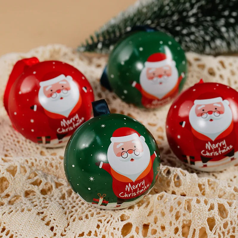 Christmas Round Ball Box Tinplate Candy Box Christmas Tree Decorations Candy Jar Xmas Tree Hanging Ball Candy Cans Kids Gift