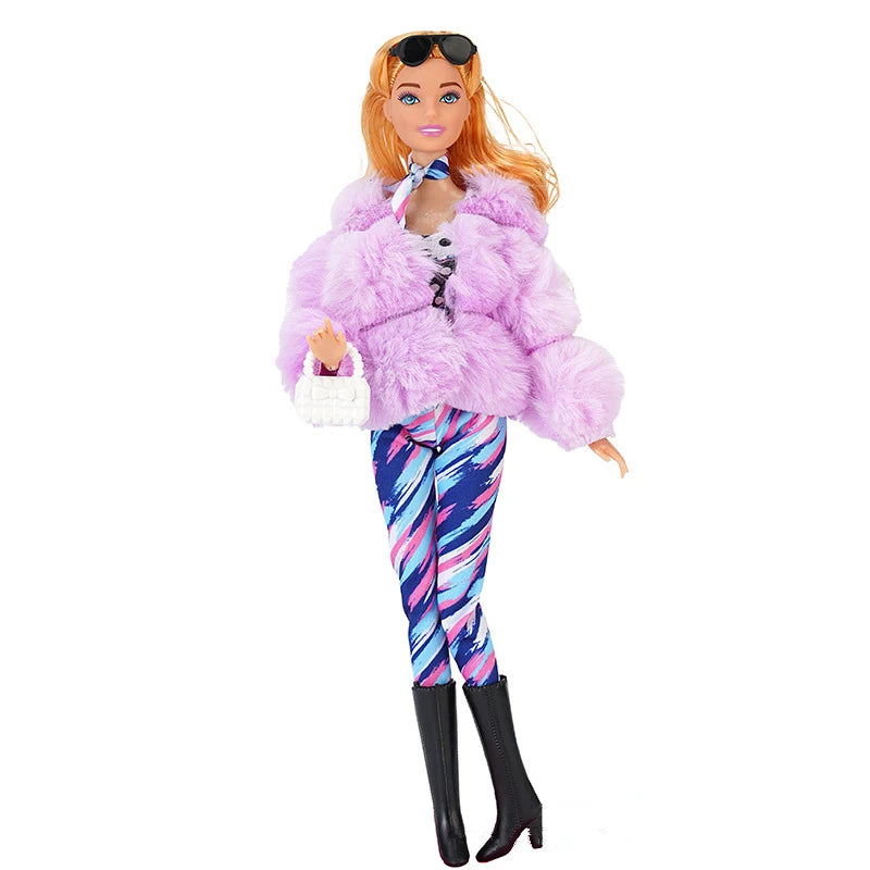 Doll with Beautiful Winter Fashion Plush Fur Coat and Clothes Suit