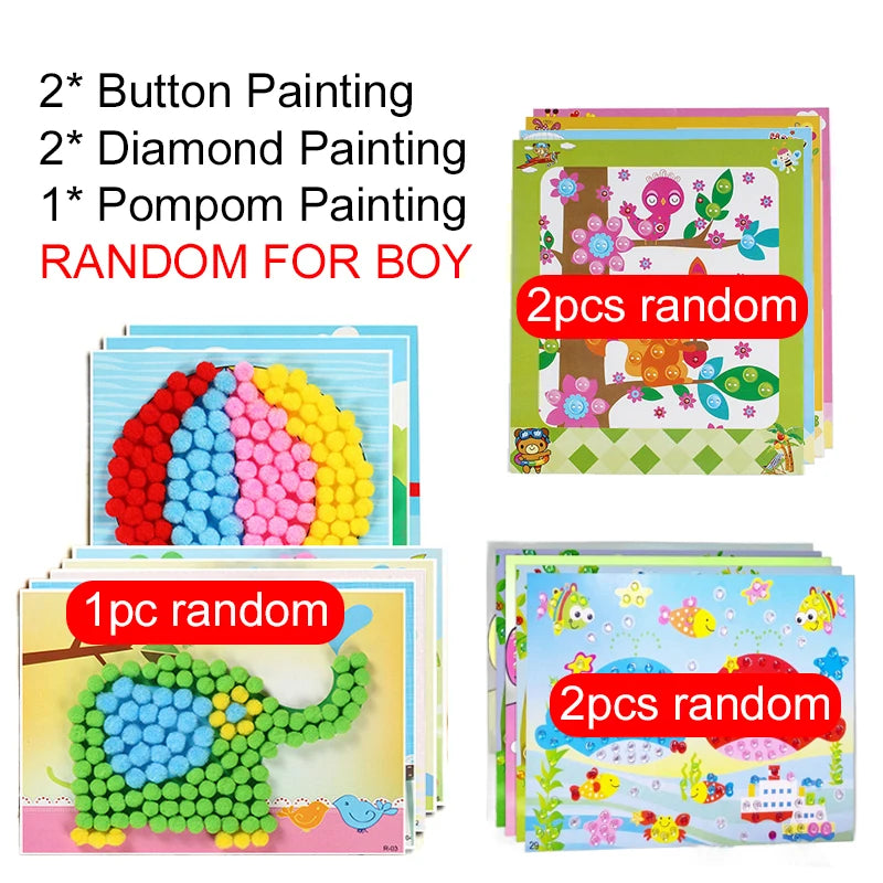 Button/Pompom/Diamond Stickers Children DIY Toys Puzzle Early Education Kids Handmade Creative Painting Birthday Gifts TMZ