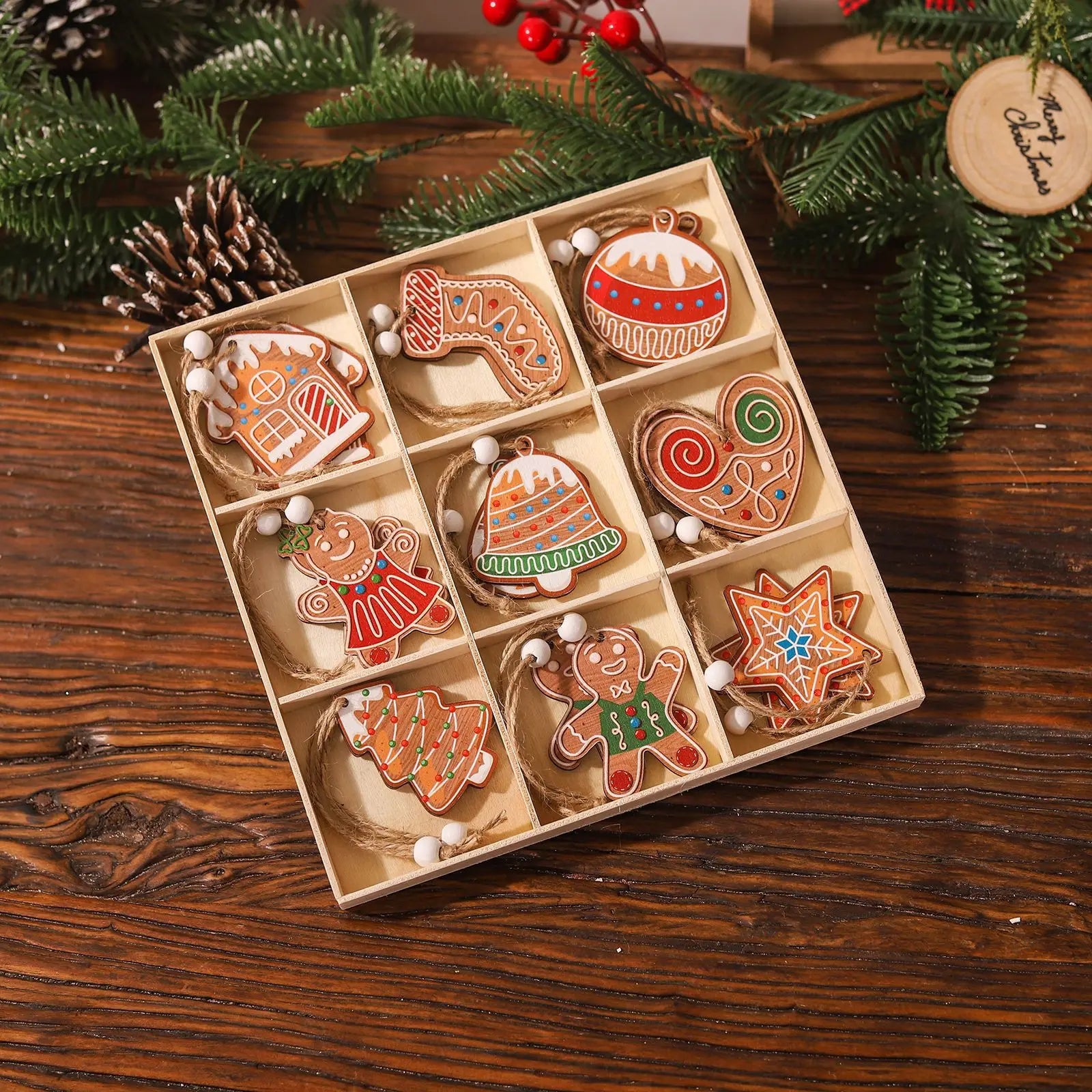 Christmas Nine-square Grid 18pcs Wooden Pendant Grinch Gingerbread Man Doll Decoration