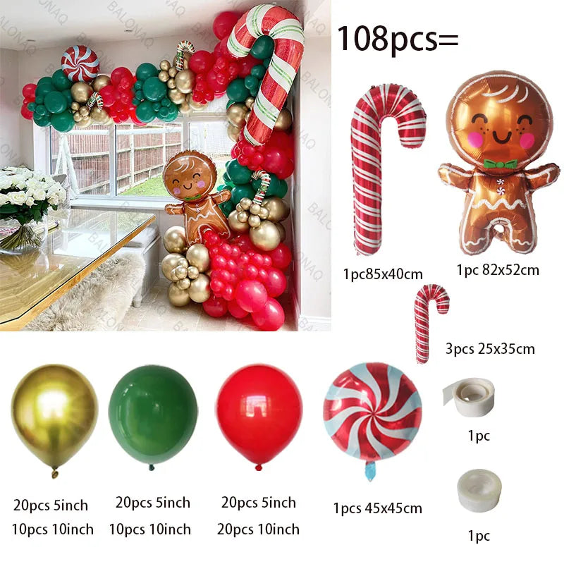Christmas Balloon Garland Arch Kit Balloons Gingerbread Man Red Green Candy Cane Foil Balloons for Xmas New Year Decorations